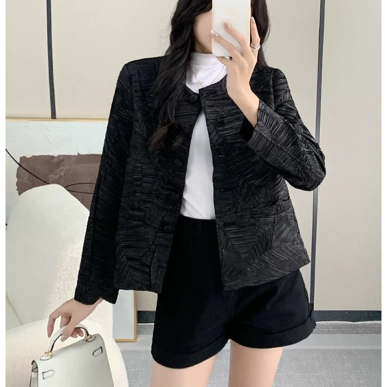 三宅褶皱2024秋季新款短外套圆领长袖开衫肌理感新中式单排扣上衣