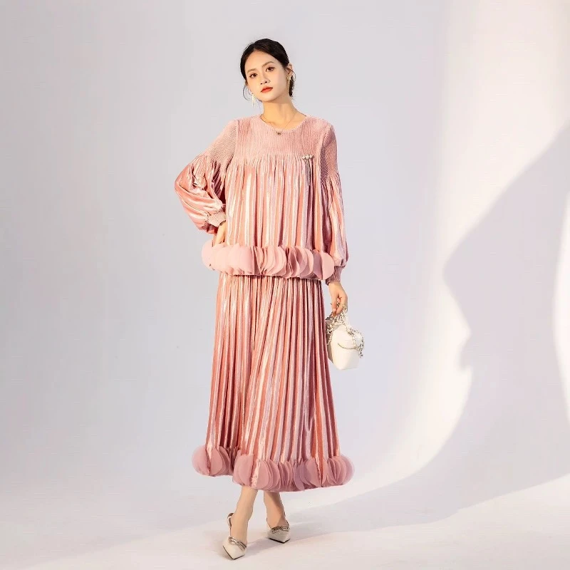 三宅褶皱秋冬新款温柔气质金丝绒套装遮肉显瘦上衣半裙两件套