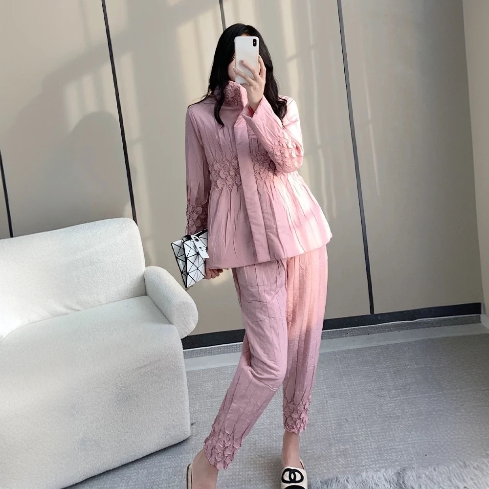 三宅褶皱秋冬新款纯色重工压褶百搭夹棉外套+夹棉小脚裤两件套