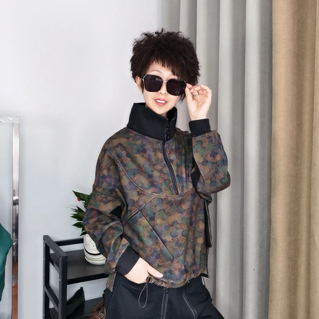 女士拼色拉链立领双口袋德绒休闲时尚卫衣