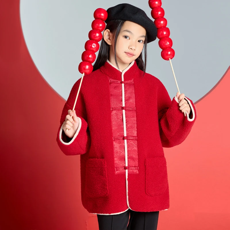 MIMIGOGO新中式拜年服 国风盘扣儿童红色颗粒绒棉服外套 3J02