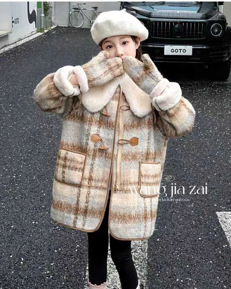 女童冬季格子外套韩版中大童小香风加厚毛呢大衣