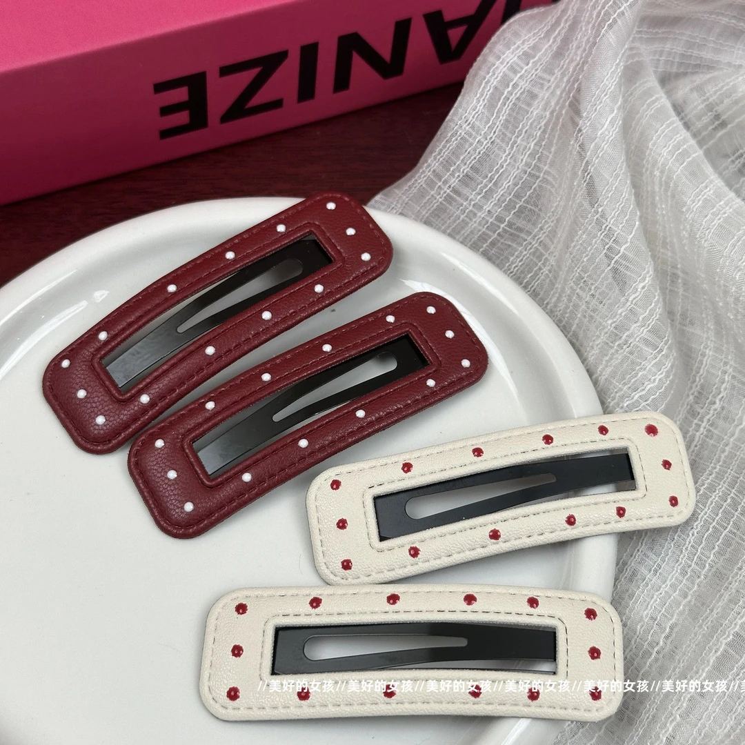 新款安可拉红发夹波点皮质发夹方形BB夹侧边刘海夹边夹发卡发夹