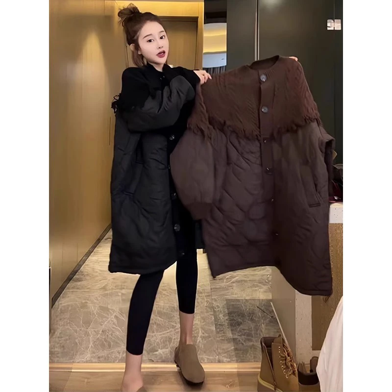 欧货设计感针织拼接棉服外套女冬2025新款宽松大码夹绵中长款棉衣