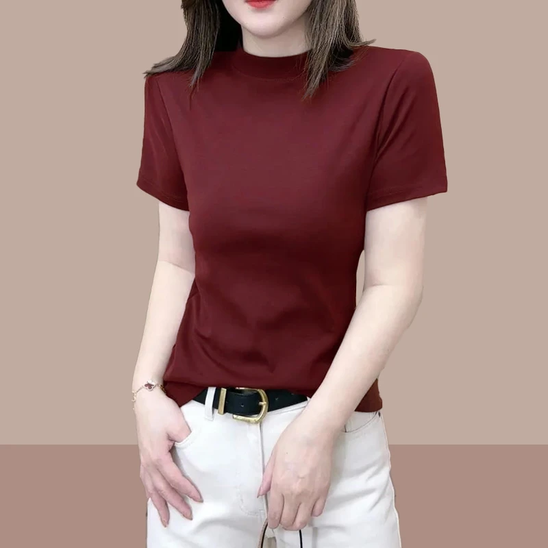 洋气半高领短袖t恤女2025夏季新款小个子短款上衣设计感修身小衫
