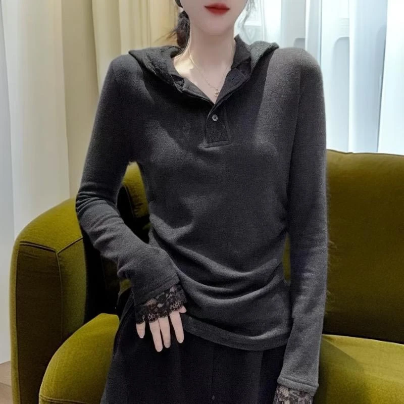 设计感连帽蕾丝针织衫女2025秋冬季新款韩版气质拼接长袖洋气上衣