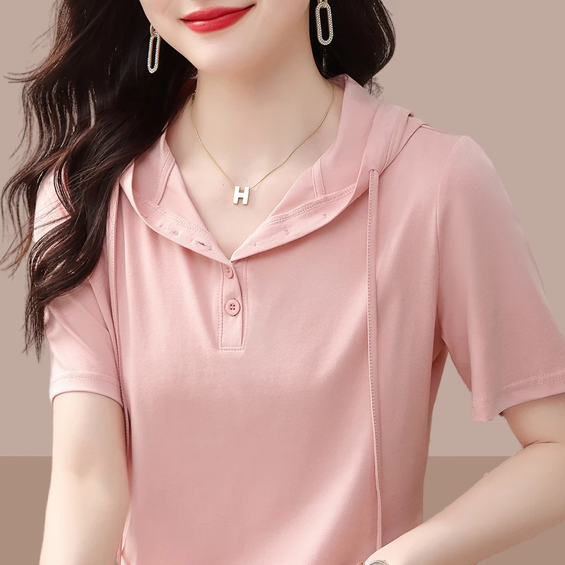 纯棉连帽短袖t恤女洋气设计感小衫2025夏季爆款上衣减龄胖mm遮肚