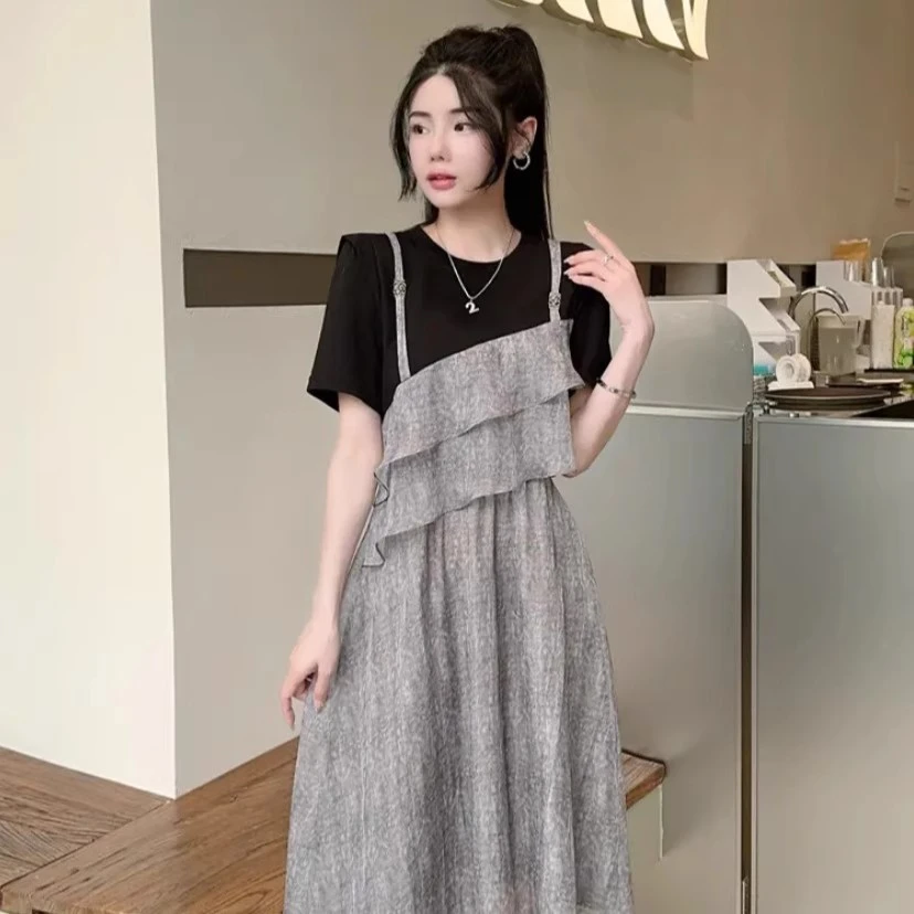拼接吊带假两件连衣裙2025夏季新款韩版轻奢女装高级感气质中长裙