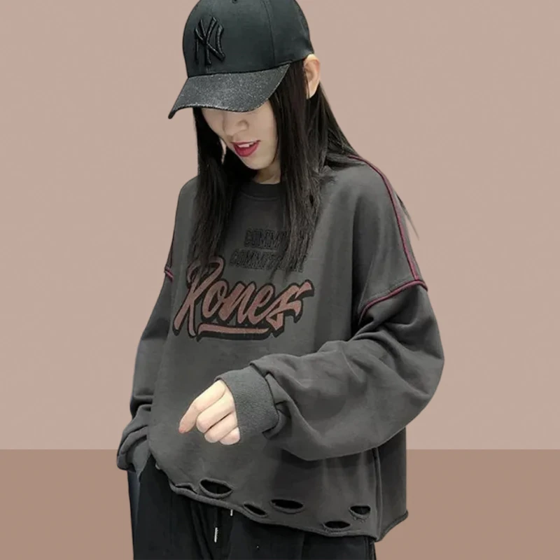 美式卫衣春秋女款2023新款高档圆领小个子长袖oversize卫衣女上衣