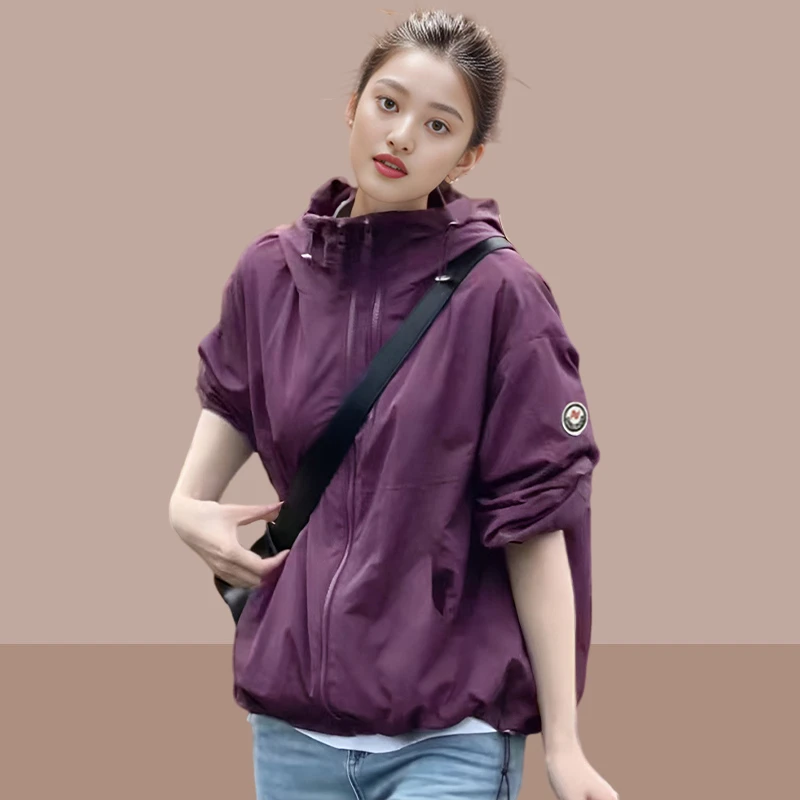 外套女款春秋季韩版休闲百搭连帽双拉链冲锋衣宽松洋气减龄女上衣
