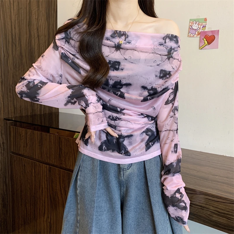 法式复古晕染水墨画长袖T恤女春季小众外穿内搭甜辣褶皱显瘦上衣