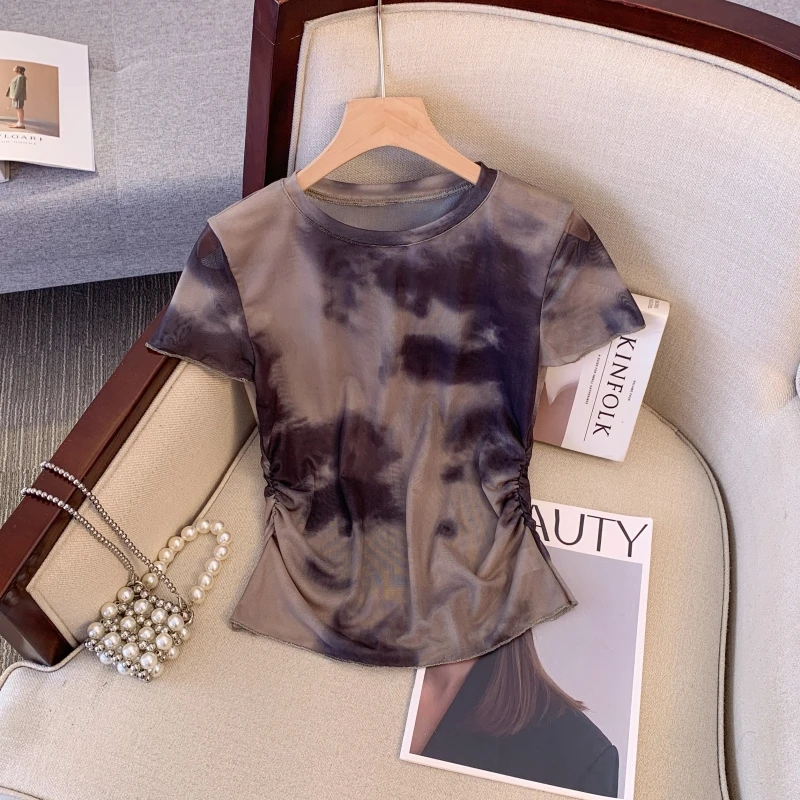 设计感扎染轻薄款修身褶皱网纱短袖T恤女夏新款洋气体恤小衫上衣