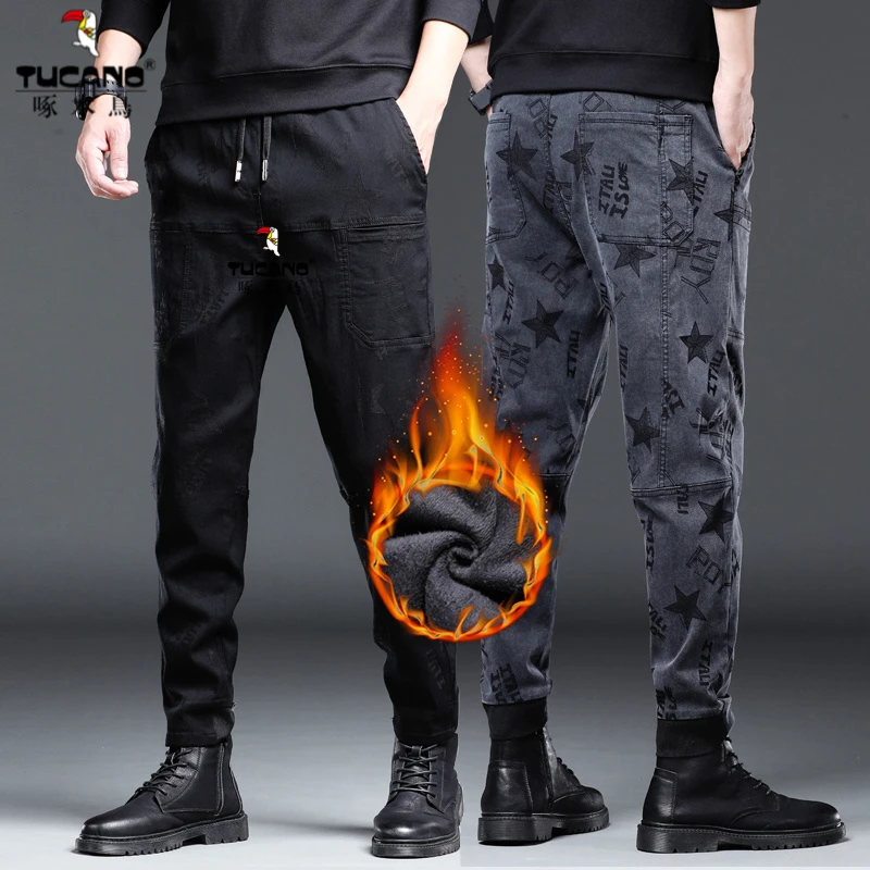 啄木鸟2025秋冬加绒六兜五角星提花牛仔裤男长裤休闲裤小脚裤潮流
