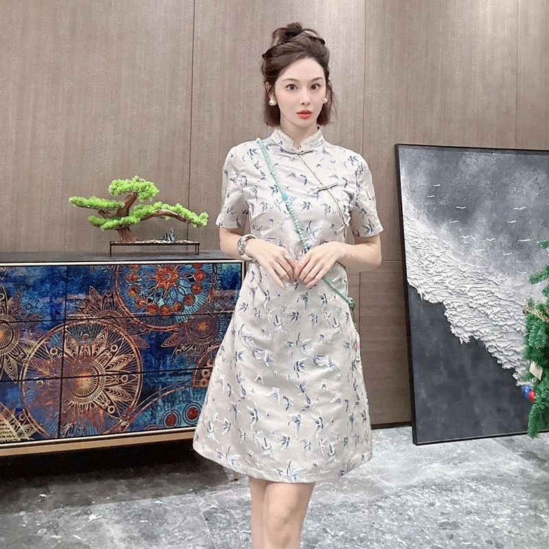 新中式银灰色改良旗袍女国风女装2025新款高级感盘扣短袖连衣裙夏