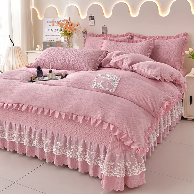 韩版纯色工艺款花边被套四件套有氧提花泡泡棉夹棉床盖款四件套