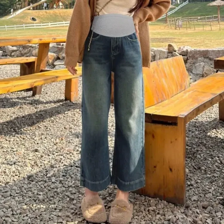 孕妇裤秋冬季外穿阔腿直筒宽松复古牛仔长裤孕妇时尚高腰显瘦