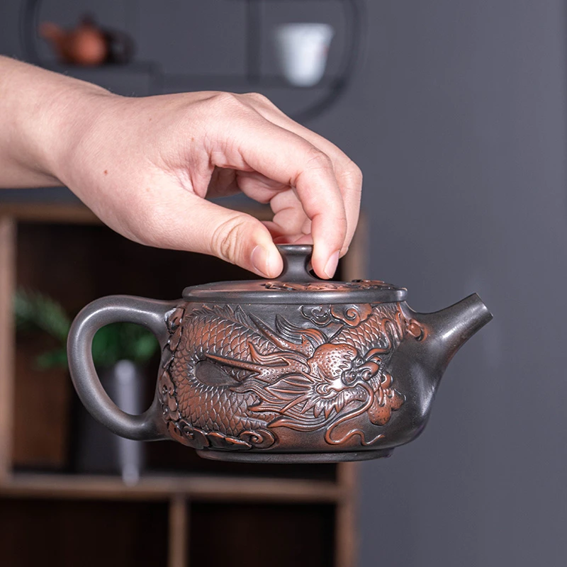 云南紫陶茶壶满雕汉瓦壶能提能旋转全手工制复古茶壶家用茶具礼品