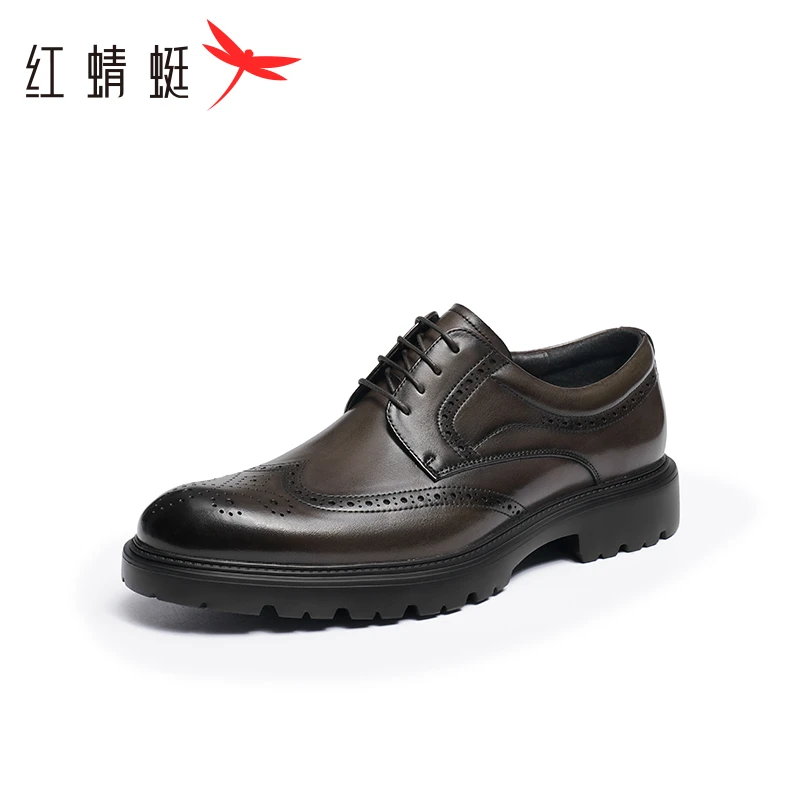 红蜻蜓冬季正装德比新款男鞋高端真皮商务皮鞋男男士黑色软底皮鞋