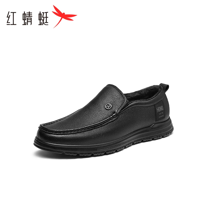 红蜻蜓休闲皮鞋2025冬季新款男鞋羊皮一脚蹬加绒爸爸鞋平底豆豆鞋