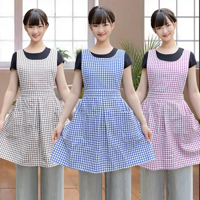 【30073】可爱格子围裙防污做饭透气服务员工厂上班女士家务专用