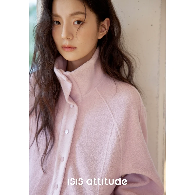 1313温柔风软糯藕粉色保暖秋冬女翻立领套头宽松休闲毛绒卫衣外套