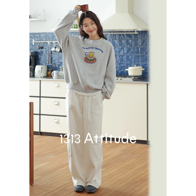 1313百搭圆领插肩袖花灰色印花卫衣2024秋女套头显瘦宽松休闲上衣