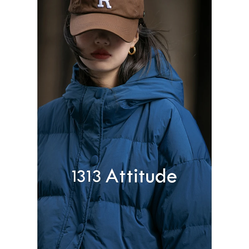 1313【爆款】浅海昌蓝色羽绒服2023女冬季90白鸭绒保暖宽松连帽外套