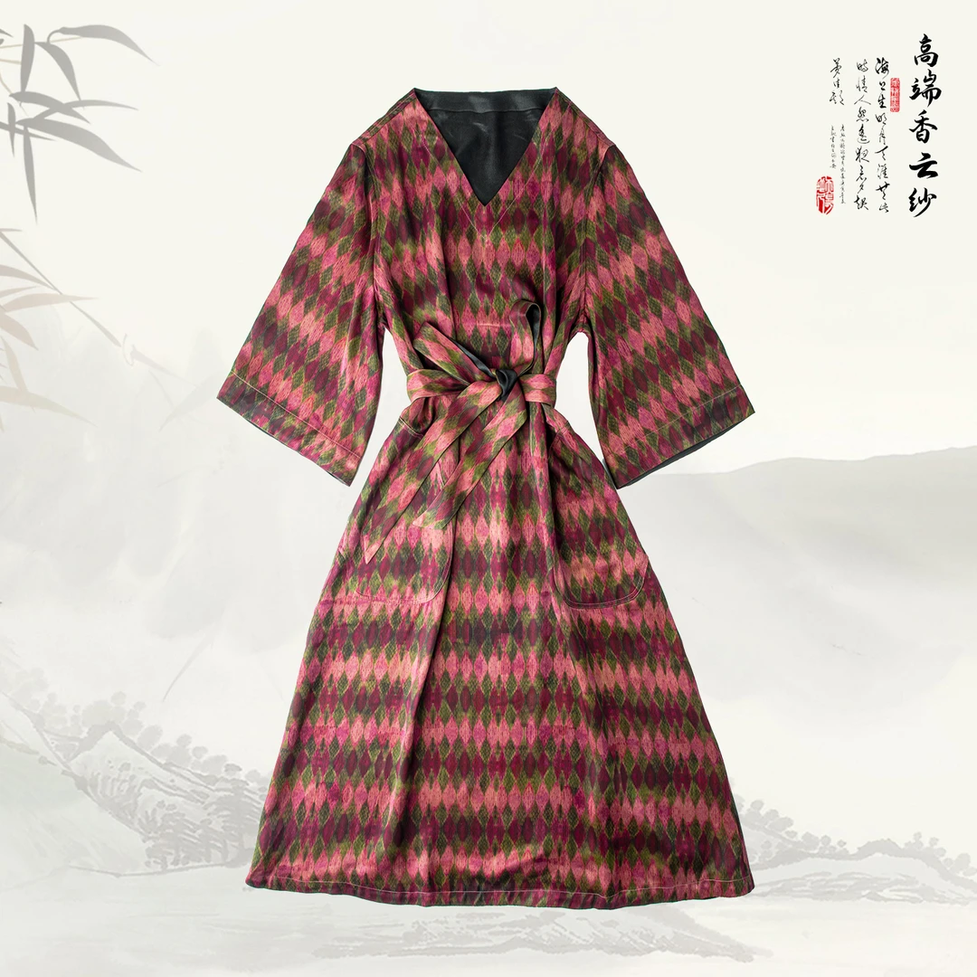 品牌新款香云纱桑蚕丝撞色国风新中式V领连衣裙429576