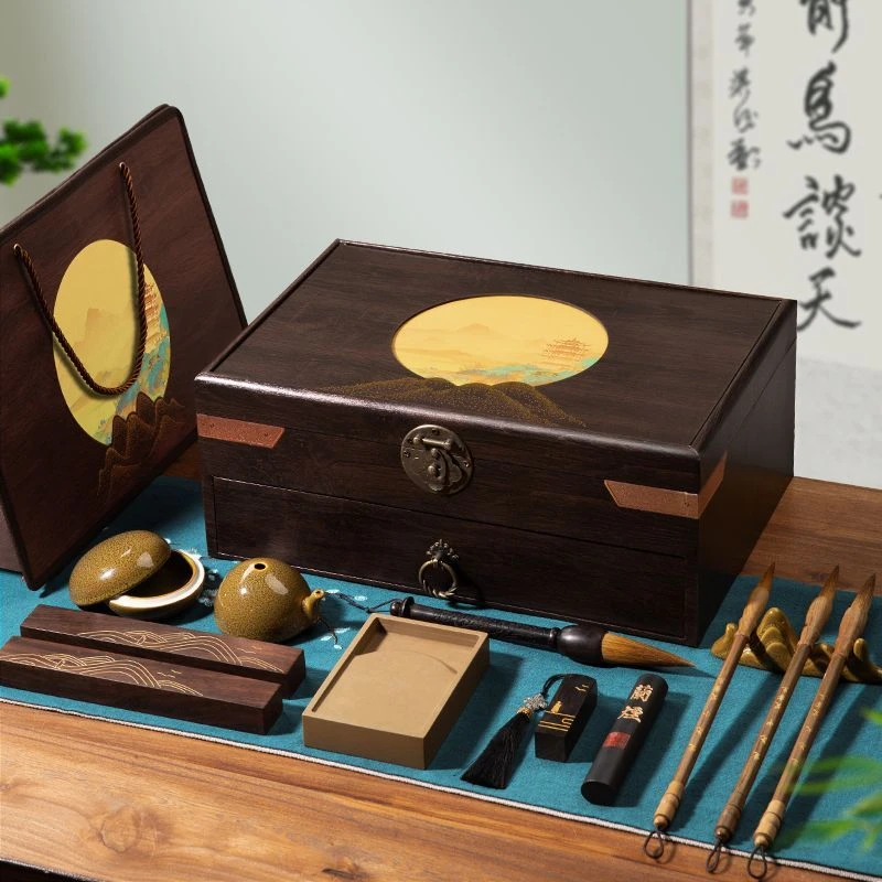 精品文房四宝套装专业级毛笔砚台毛笔架墨条端砚笔墨纸砚高档礼盒