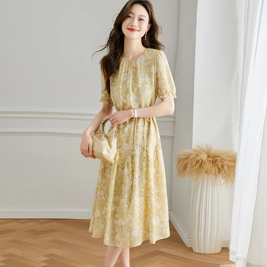 【芝麻乔琪绉】收腰桑蚕丝连衣裙显瘦宽松气质女士连衣裙2301819