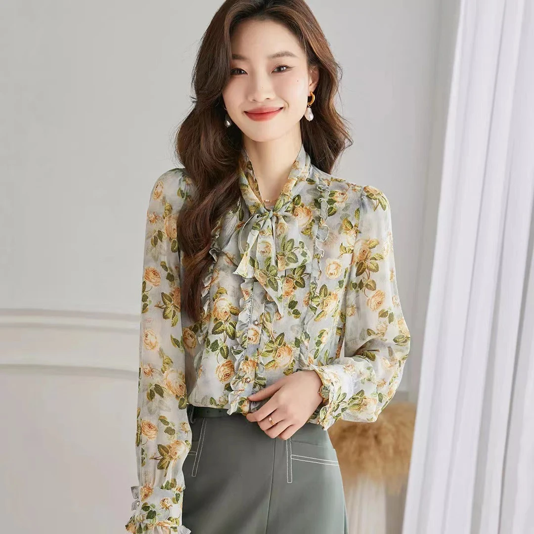 【12612】新款桑蚕丝印花上衣衬衫新品衬衣显瘦法式碎花长袖洋气