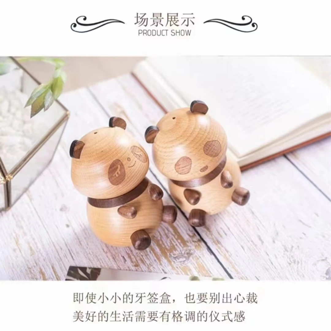 可爱熊猫木质牙签盒家用酒店牙签筒精致创意收纳牙签罐个性摆件