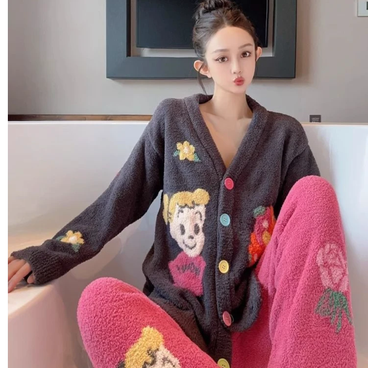 秋冬季加厚保暖半边绒卡通图案睡衣女冬天软绵绵家居服套装可外穿