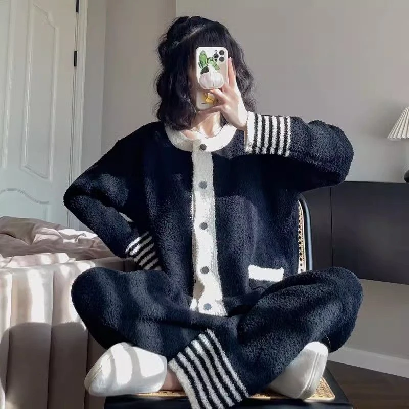 法式黑白小香风睡衣女开衫秋冬季软绵绵加厚半边绒网红加绒家居服