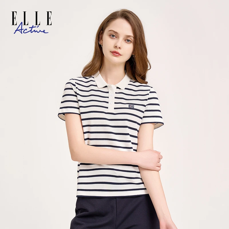 ELLE Active夏季翻领休闲舒适运动短袖棉质时尚条纹POLO衫上衣