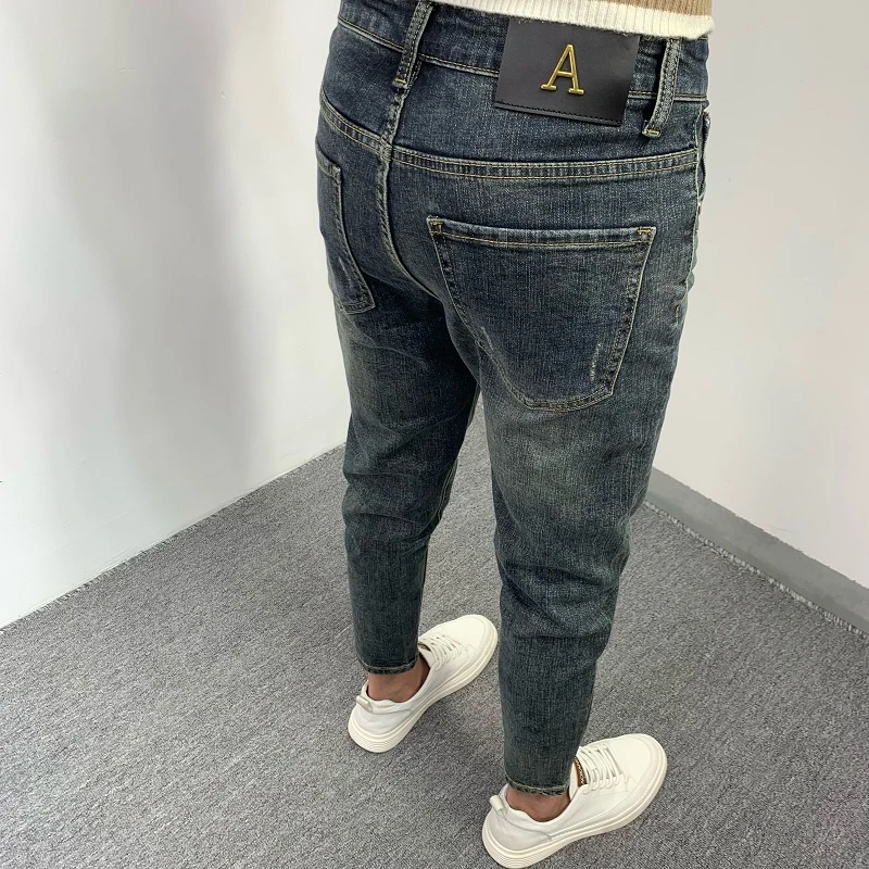 秋冬牛仔裤男士高端帅气百搭修身小脚美式复古轻奢休闲潮流九分裤