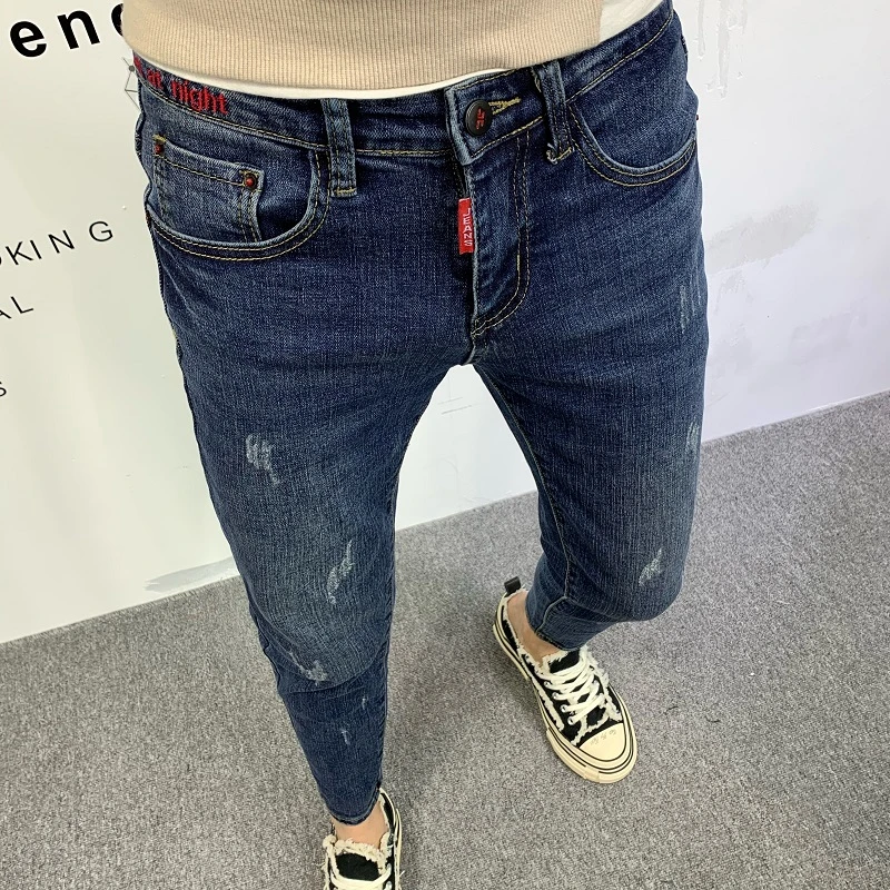 牛仔裤男九分春季美式高端潮牌修身小脚蓝色简约休闲水洗刺绣长裤