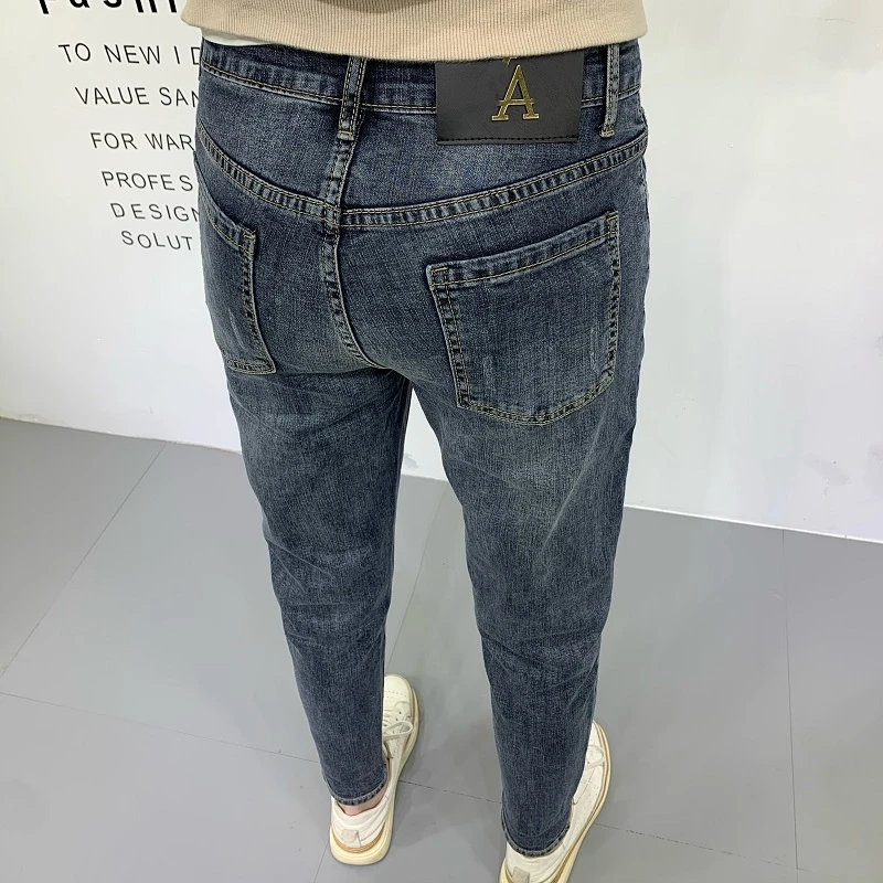 牛仔裤男美式复古做旧修身小脚裤时尚简约百搭高端韩版潮流九分裤