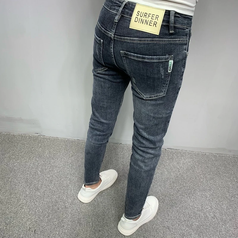 蓝灰色牛仔裤男款2024秋季新款韩版百搭修身小脚痞帅潮流休闲长裤