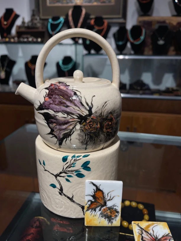 原创手绘蝴蝶（福叠）陶瓷全手工温茶炉