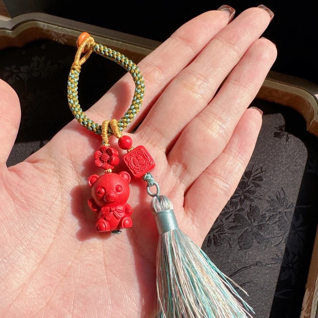 含辰砂工艺品天然辰砂真朱砂立体可爱熊流苏款钥匙扣包挂男女同款