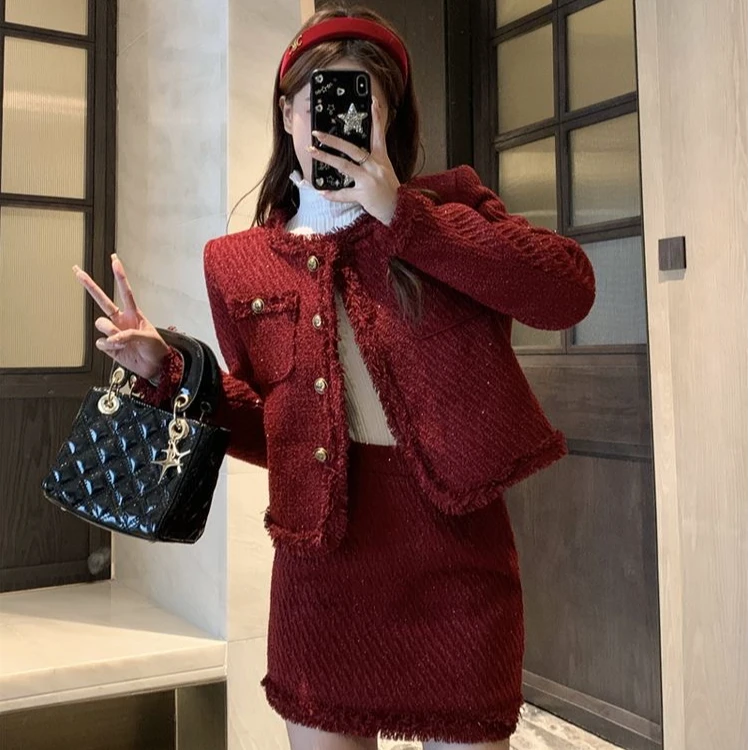 加绒 【微悦】大码小香风套装秋冬气质设计高级感外套+半身裙两件套