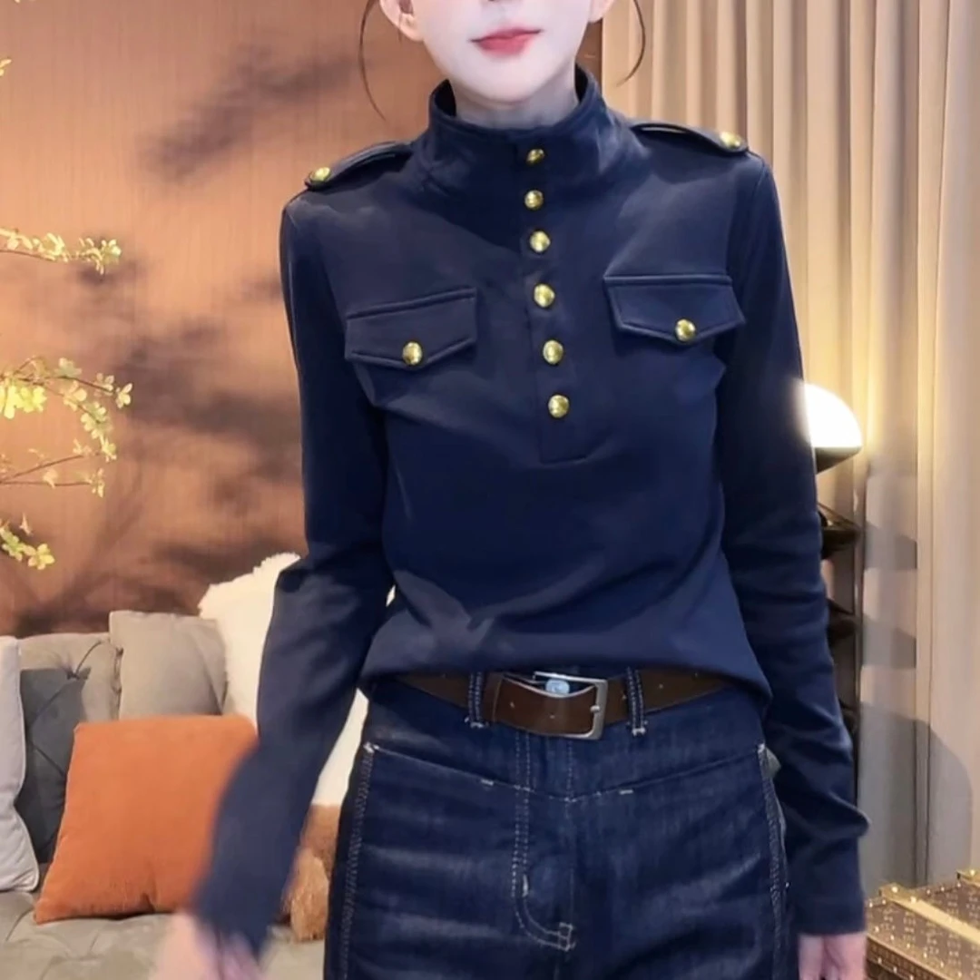 2024秋冬复古气质时尚百搭显瘦半开领长袖上衣+高腰牛仔裤