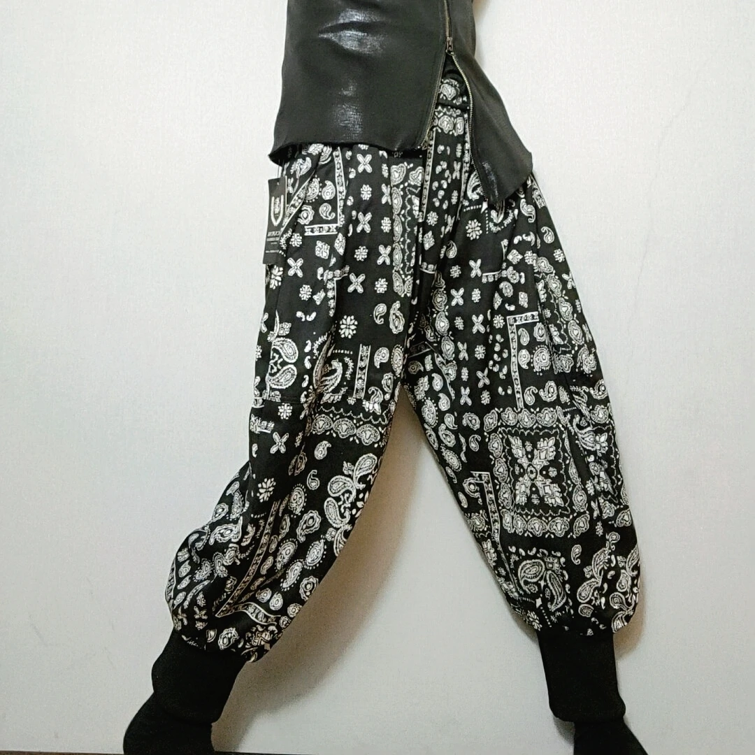 时尚个性潮流复古黑白花国风宽松潮款裤子弹力腰束脚印花休闲裤