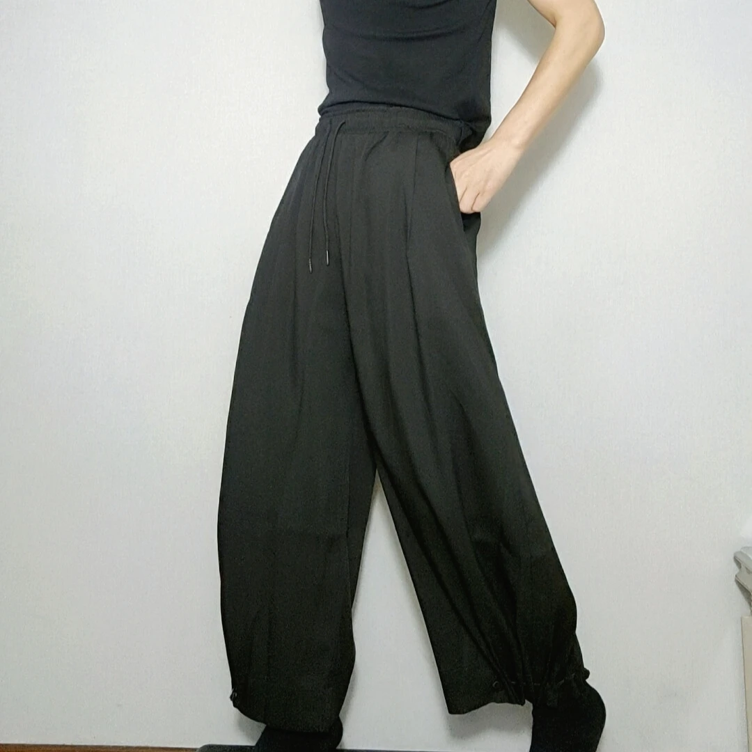 时尚个性设计师垂感弹力腰黑色阔腿休闲裤