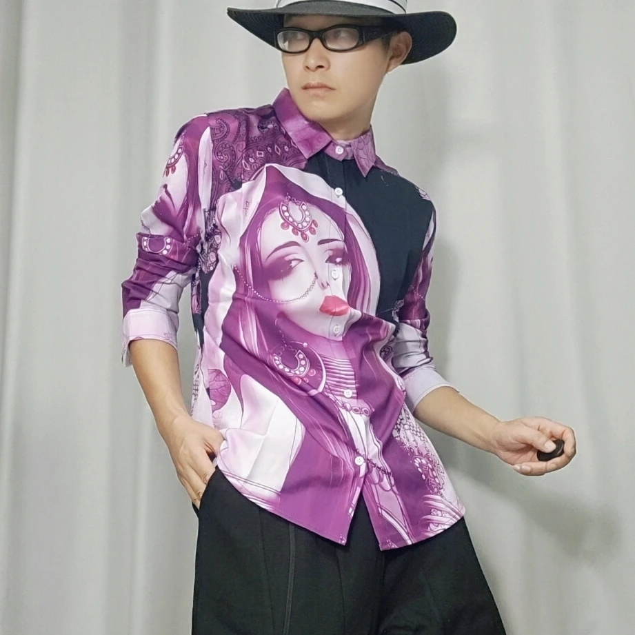 时尚个性设计师休闲潮搭拼色图案造型休闲衬衫上衣