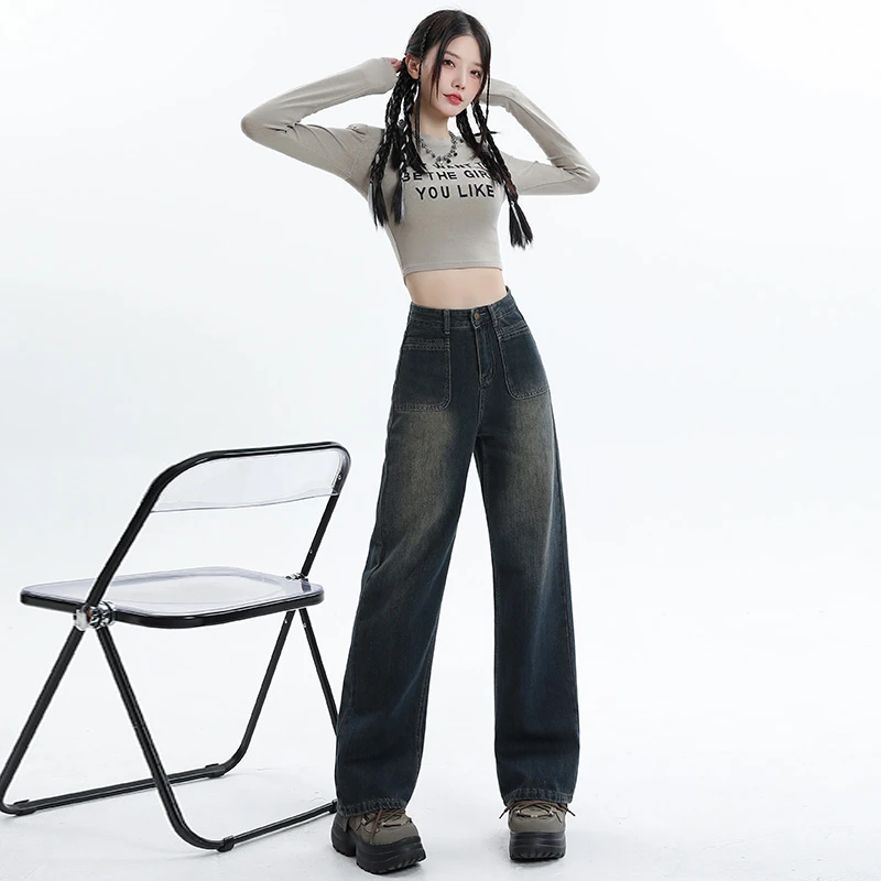 垂感牛仔裤女水泥灰设计感春秋高腰百搭显瘦宽松复古休闲拖地裤子