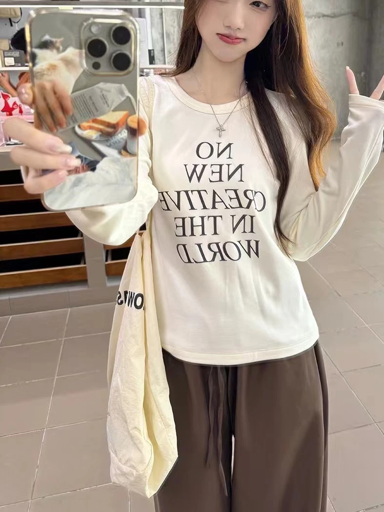 慵懒松弛字母印花长袖软糯磨毛字母T恤3090