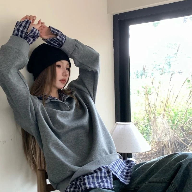 慵懒风假两件格子拼接长袖套头宽松卫衣女秋季翻领上衣Z261