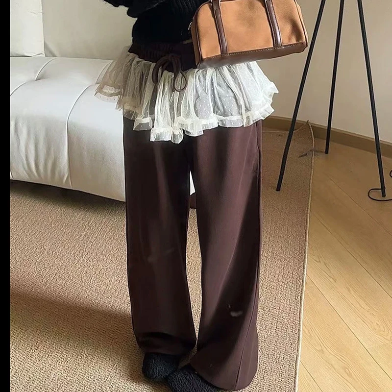 秋冬时尚加绒百搭宽松假两件蕾丝花边休闲裤女显瘦拼接束脚z323